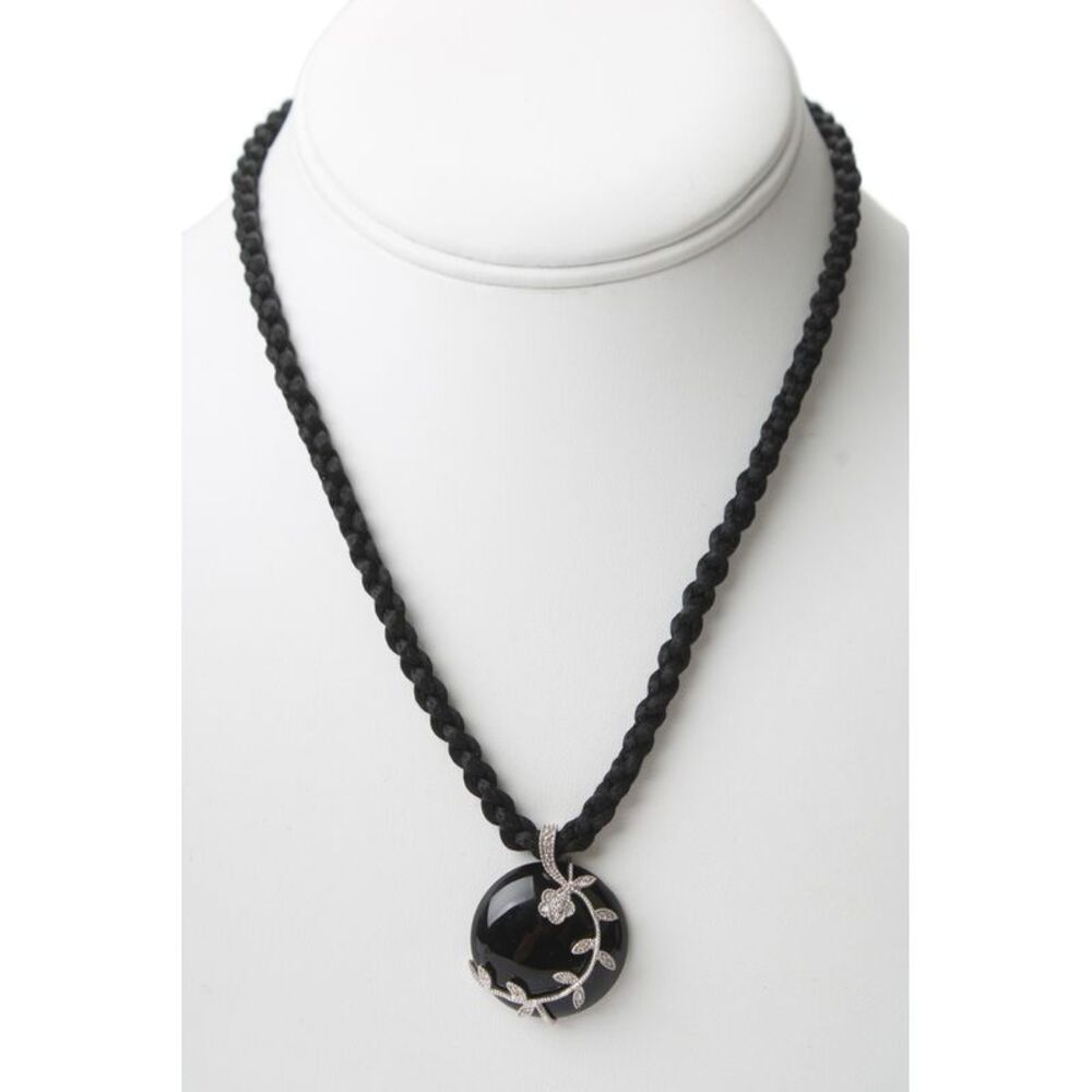 Designer Womens 14K W Gold Onyx+Diamond Accent Round Pendant Necklace 17" 12g